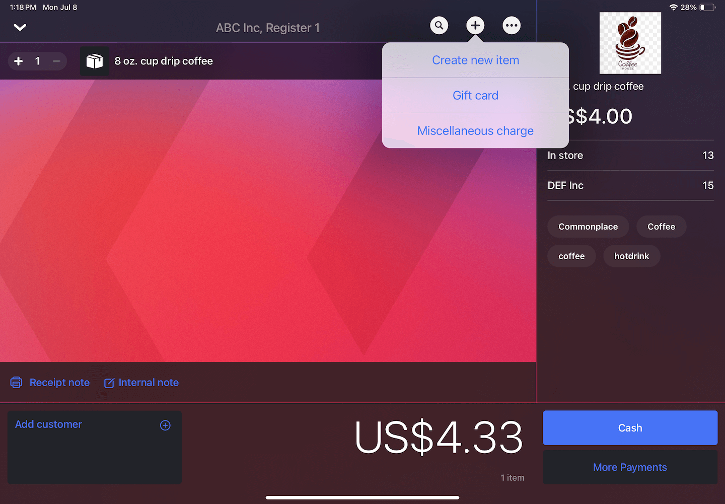 Sale screen with drop-down menu showing Create new item option.