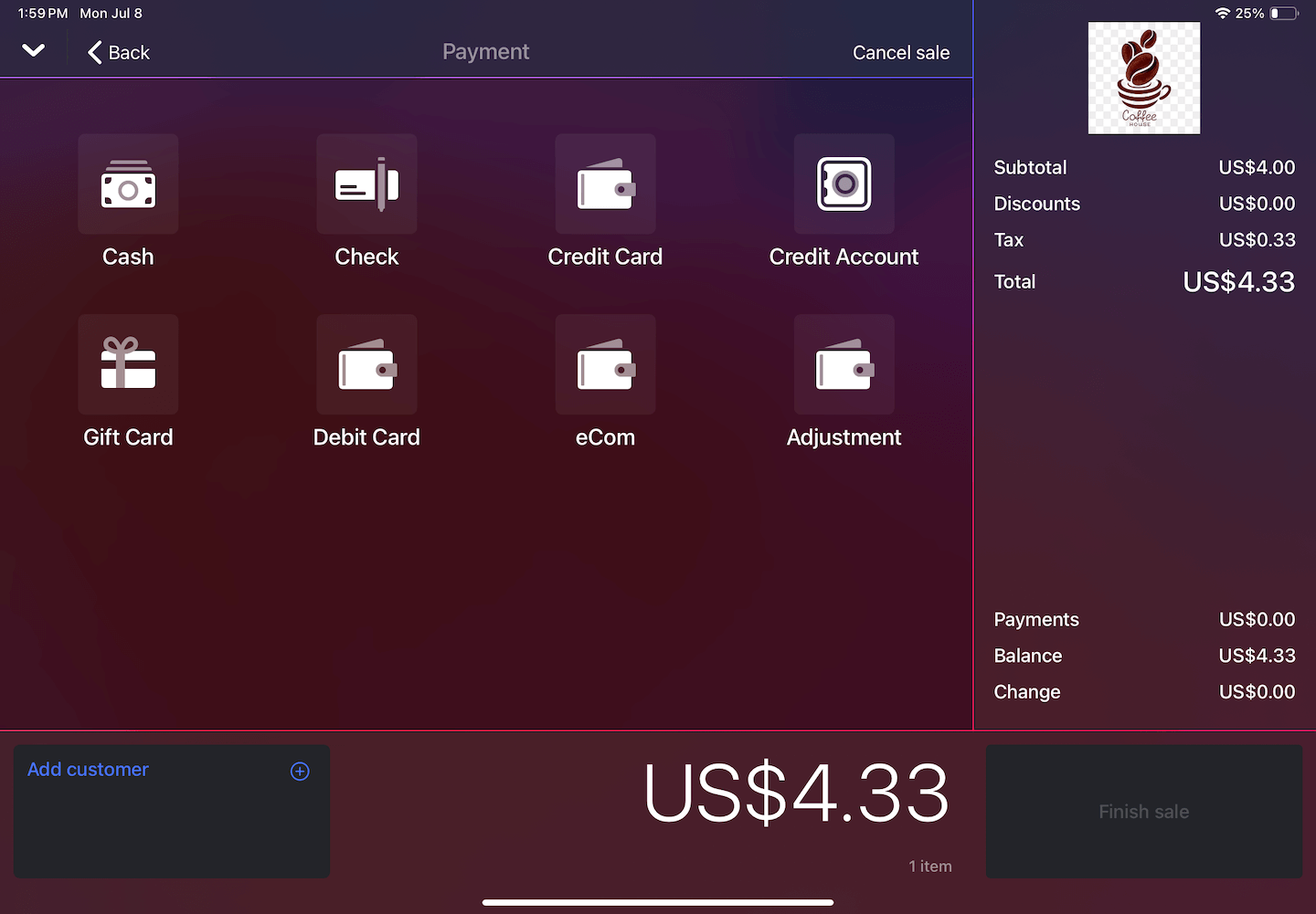 Sale with payment types options shown.