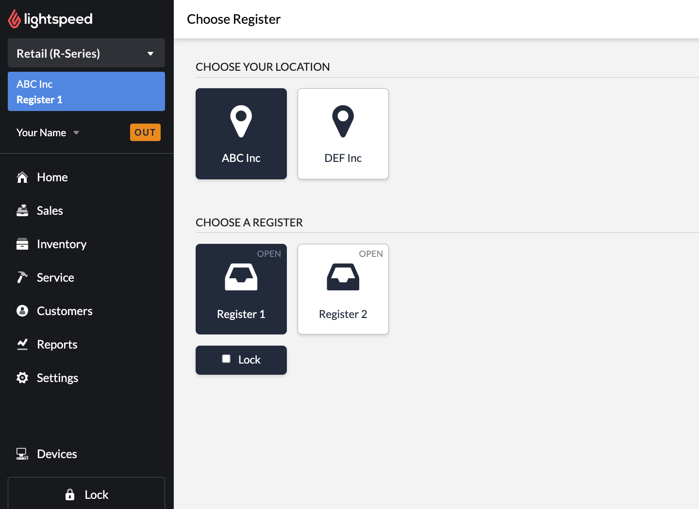 Page Choisir une caisse avec options permettant de sélectionner une boutique et une caisse.