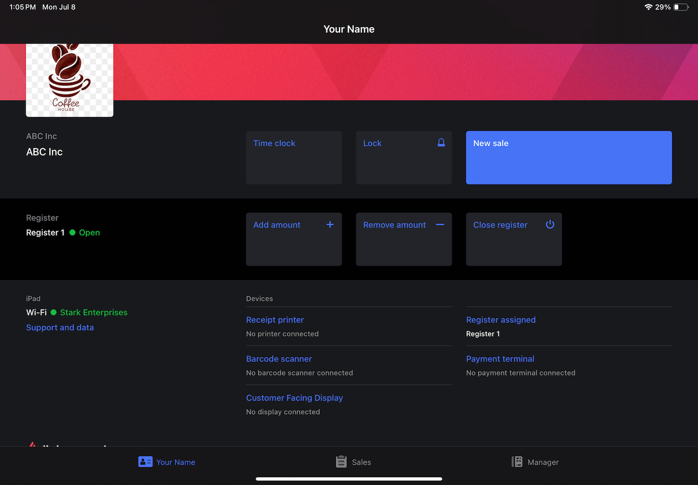 Profile screen on iPad with register open and New sale button shown.