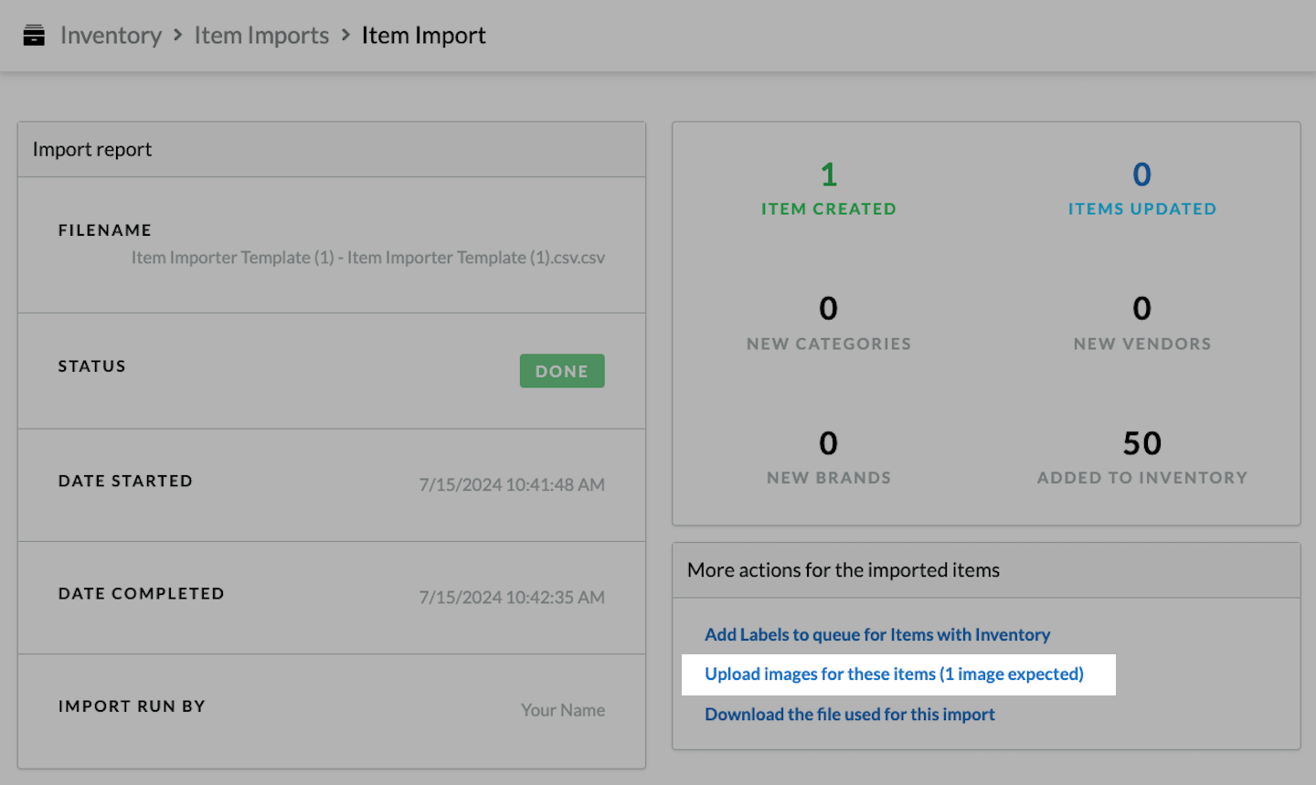 Item import page with Upload images for these items emphasized.