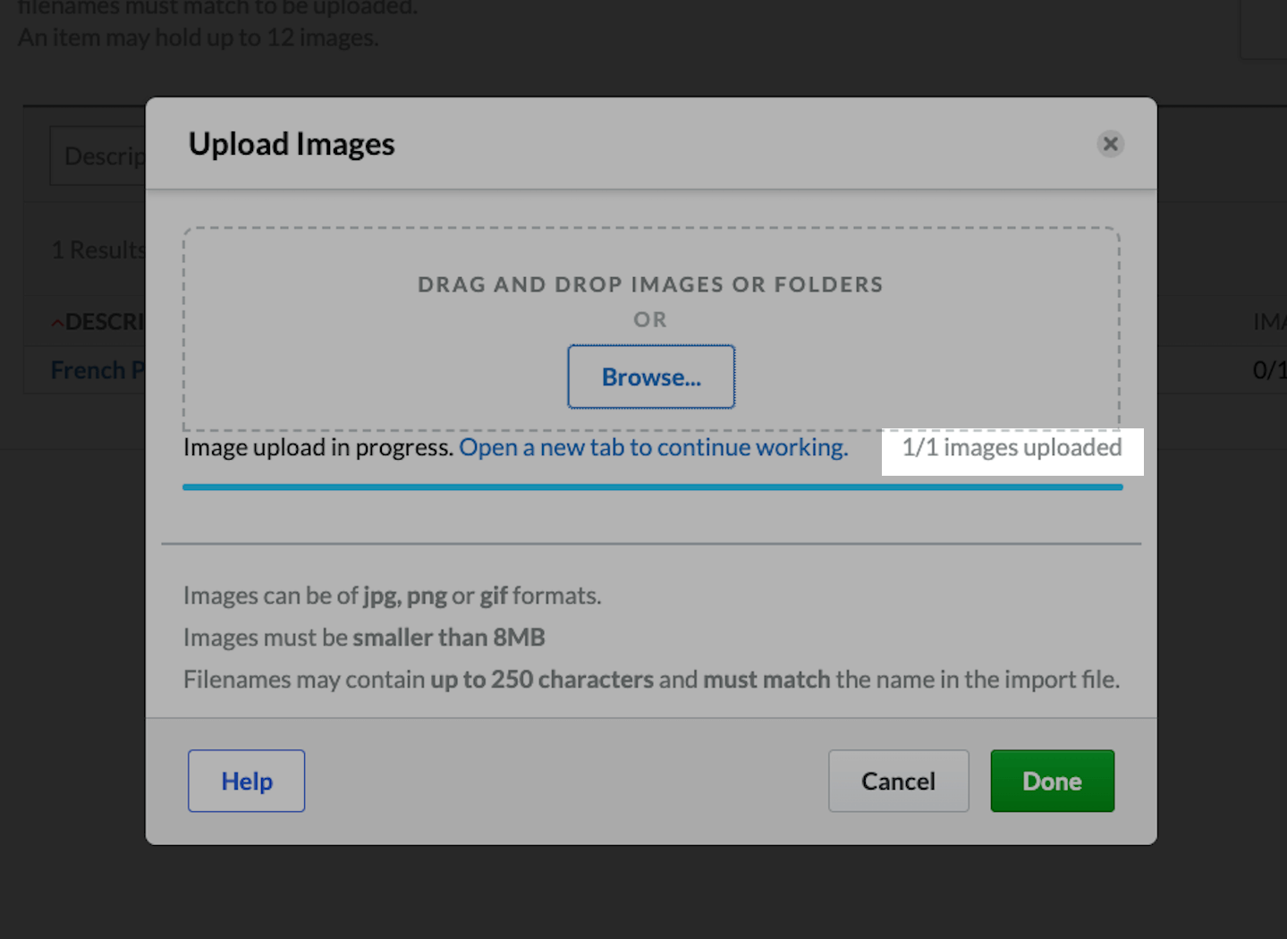 Pop-up with message that 1/1 images uploaded emphasized.