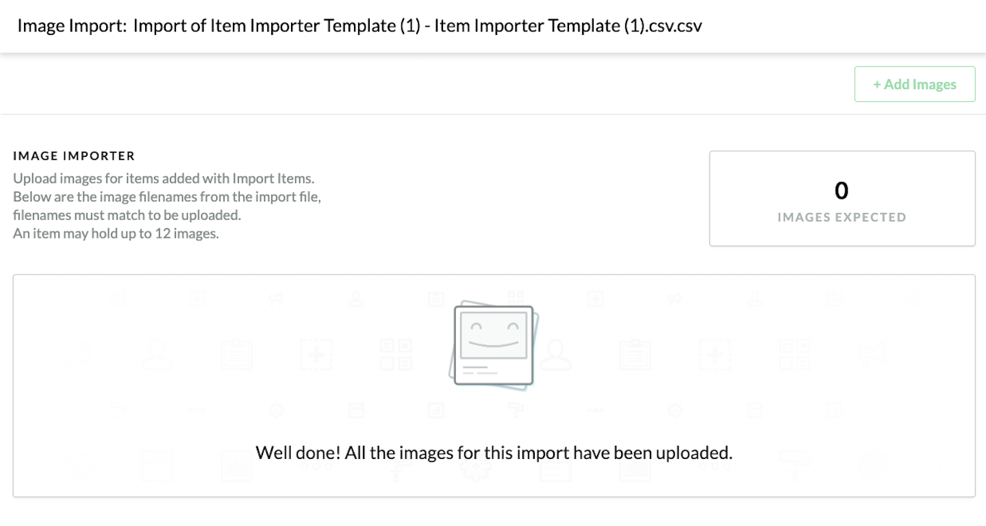 Confirmation page stating that all images for this import have been successfully uploaded.