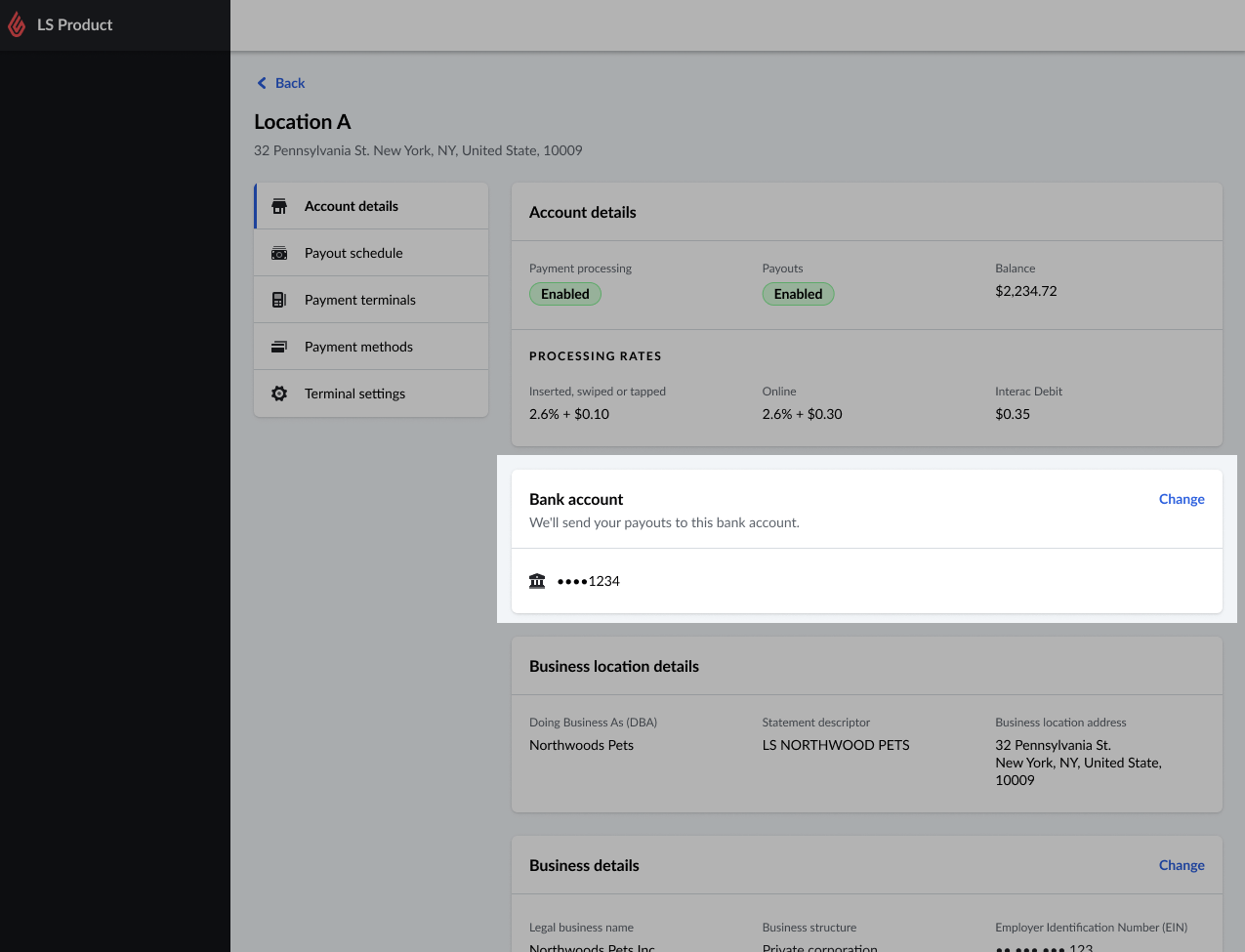 Image displays the Settings tab within Financial Services. The section titled Bank Account has been highlighted.