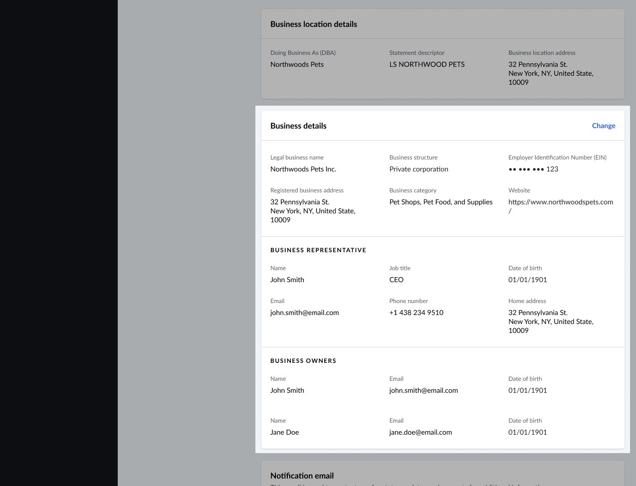 Image displays the Settings tab within Financial Services. The section titled 'Business Details' has been highlighted.