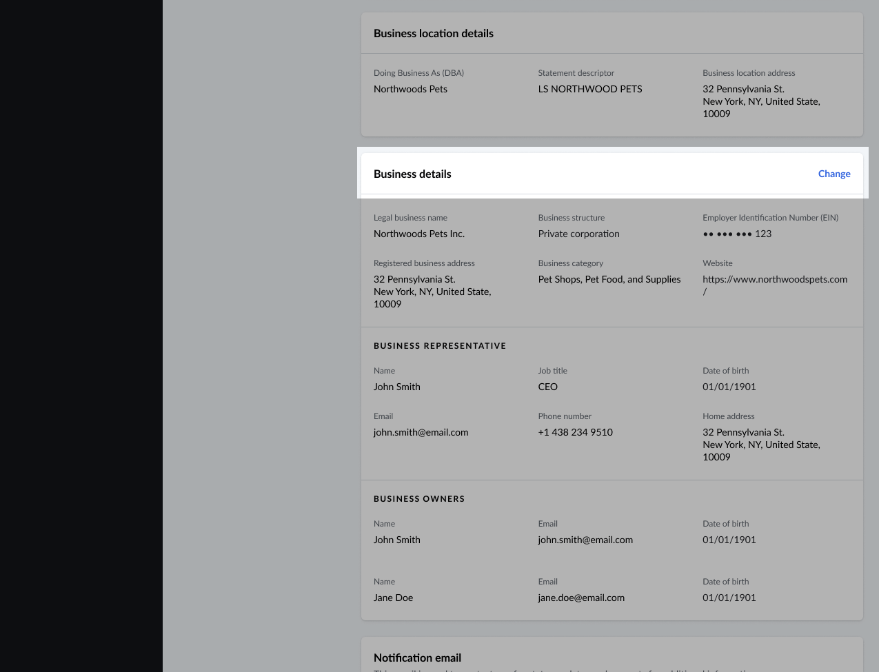 Image displays the Settings tab within Financial Services. The button titled 'Change' has been highlighted.