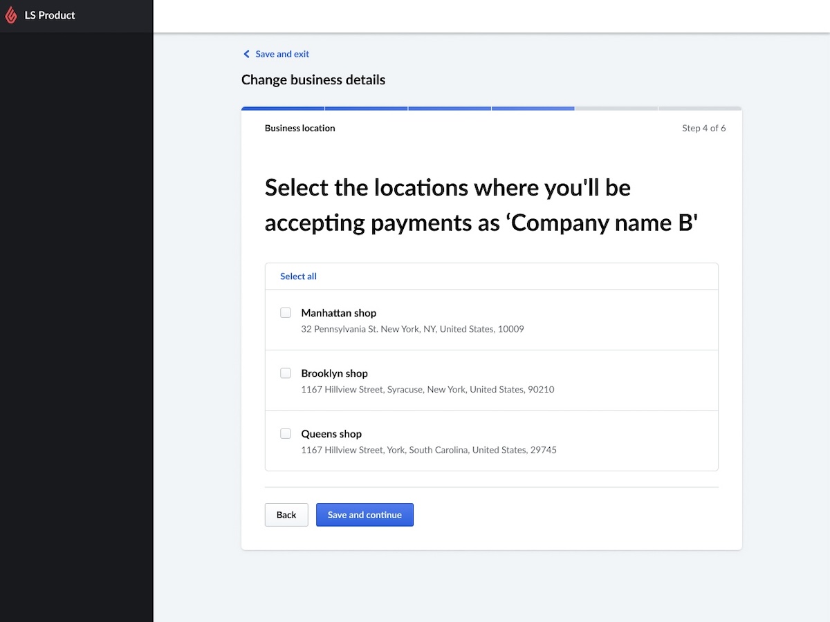 Assistant de demande de Lightspeed Payments. Sur cette page, vous pouvez sélectionner les établissements auxquels cette modification sera appliquée.