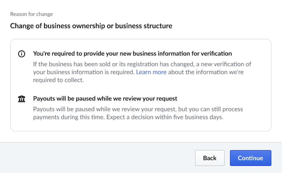 Image displays a pop-up window that confirms the change in business ownership or business structure.