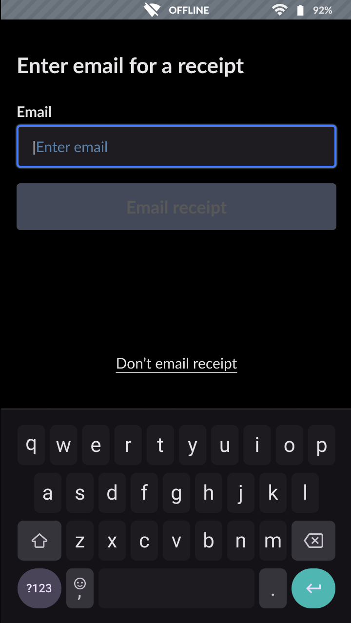 Showing the approved payment screen with an option to enter a customer email address for an emailed receipt