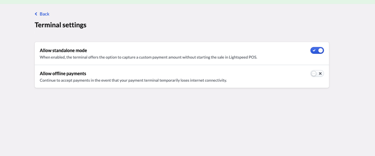 Image displays a page titled Terminal settings. The settings 'Allow standalone mode' and 'Allow offline payments' are visible.