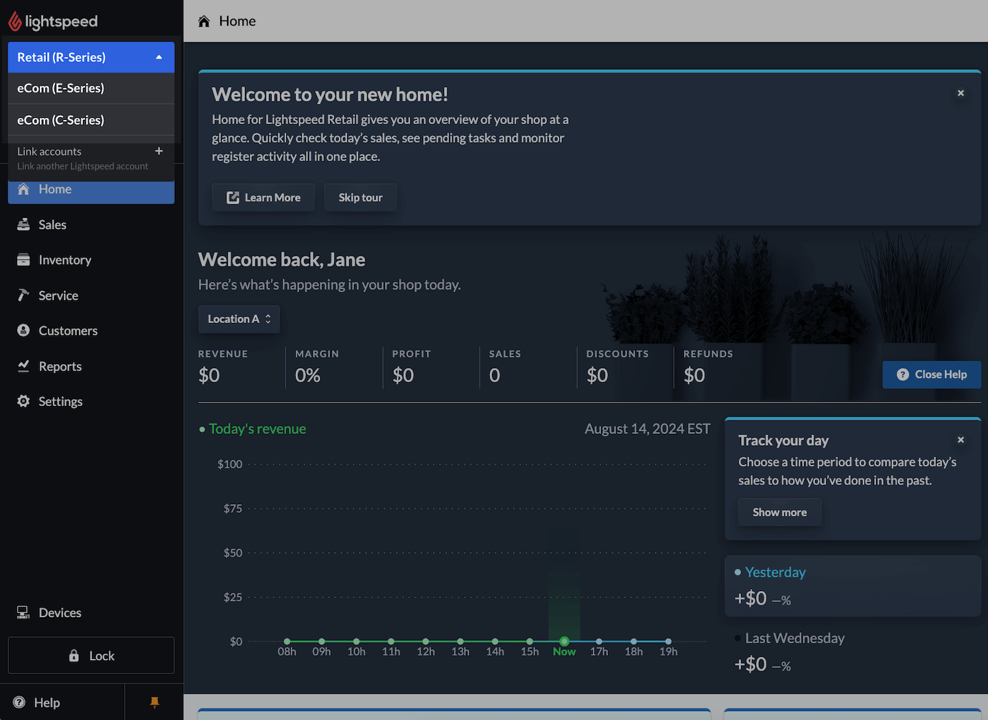 R-Series homepage with drop-down menu showing option to switch to eCom (E-Series) emphasized.