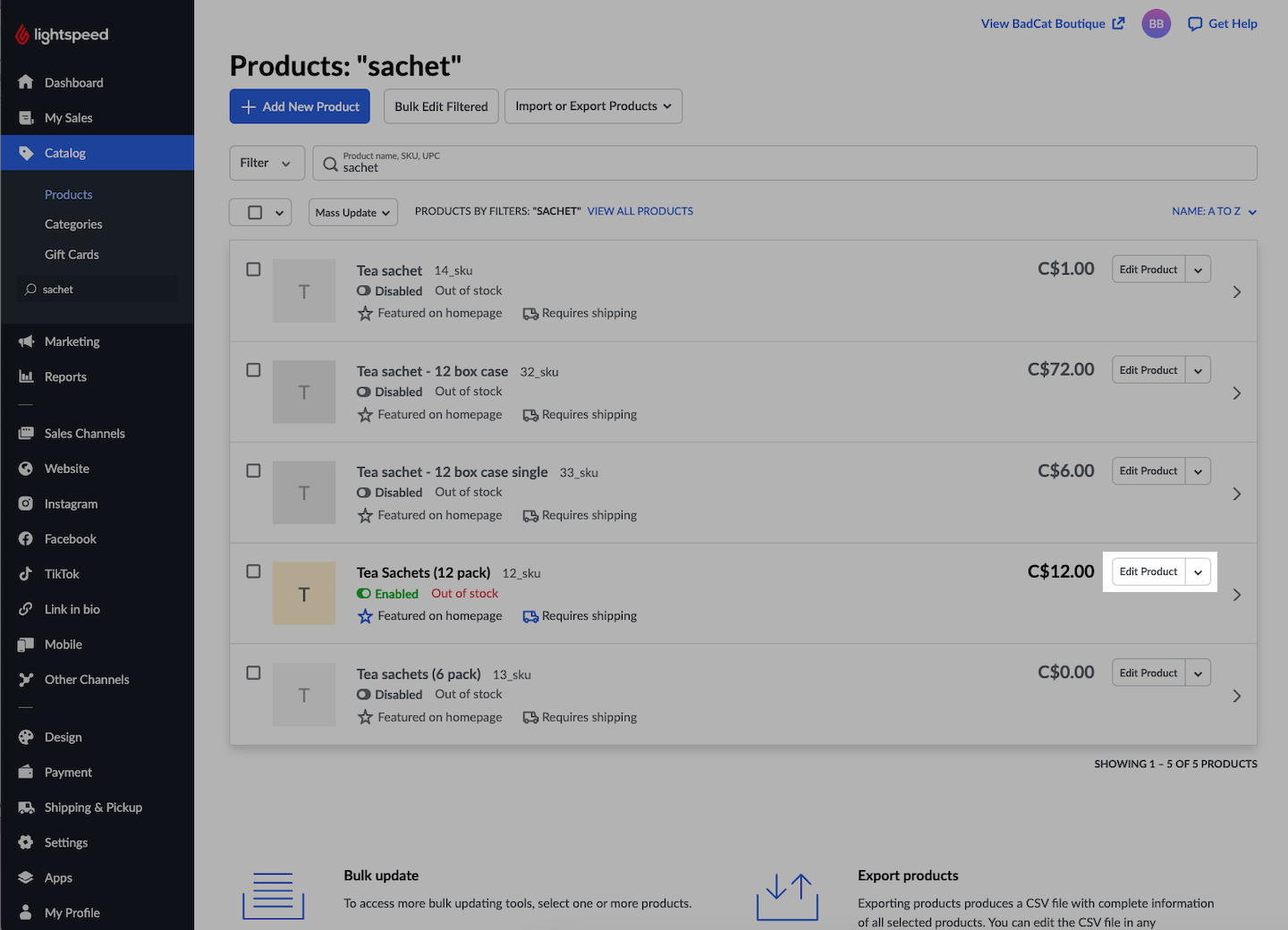 List of products with a specific product's Edit product button emphasized.