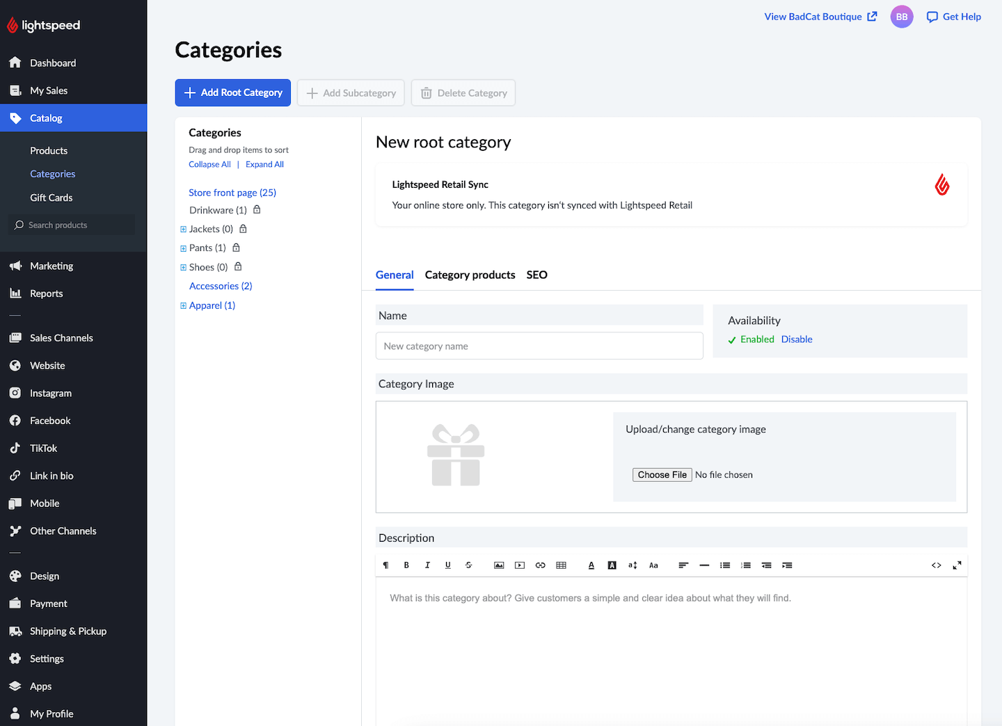 New root category page with areas to enter name, image, and description.