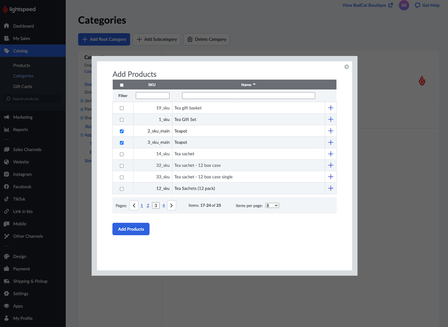 List of products with Add Products option visible.