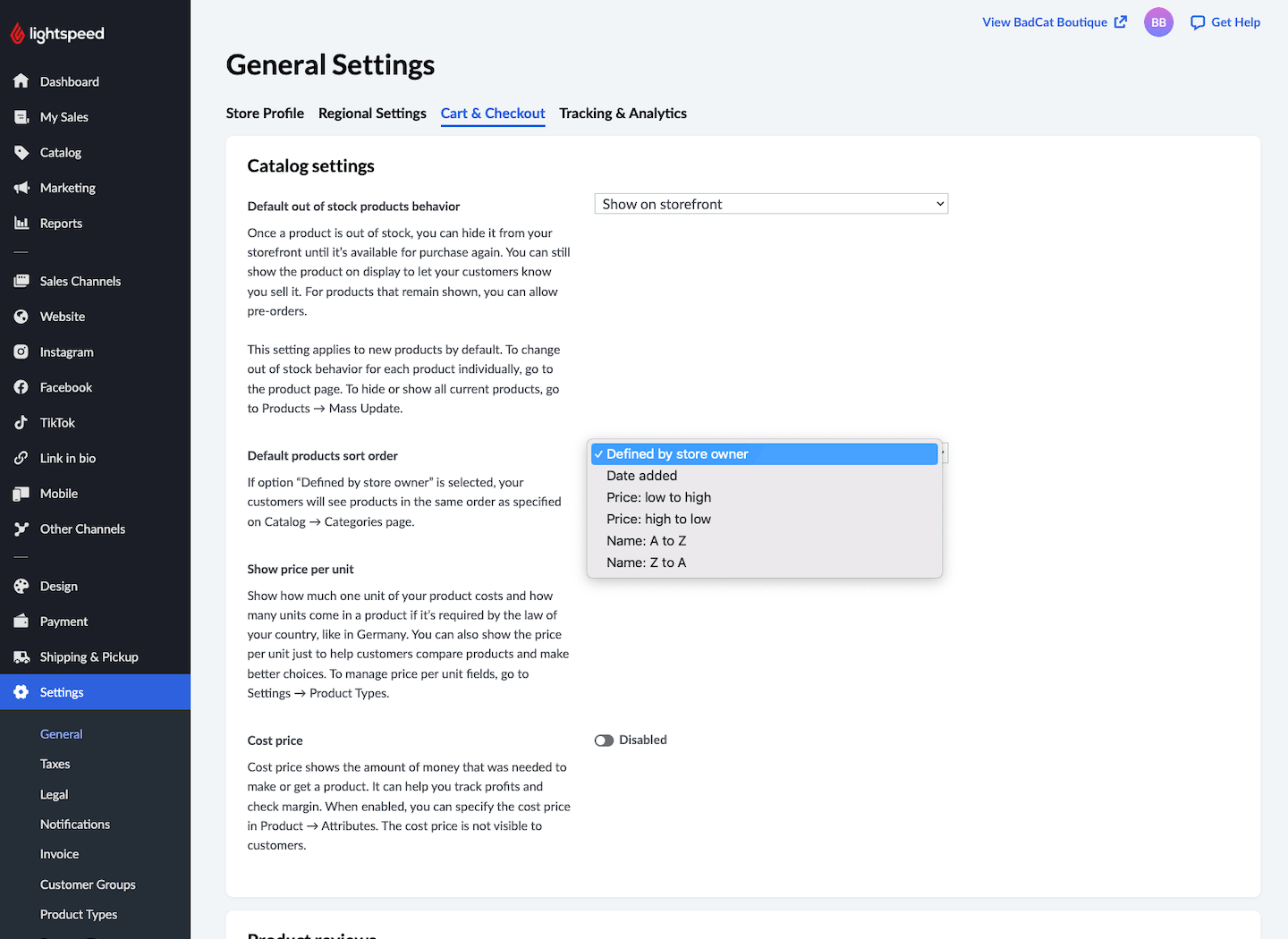 General Settings page with list of options for products sort order.