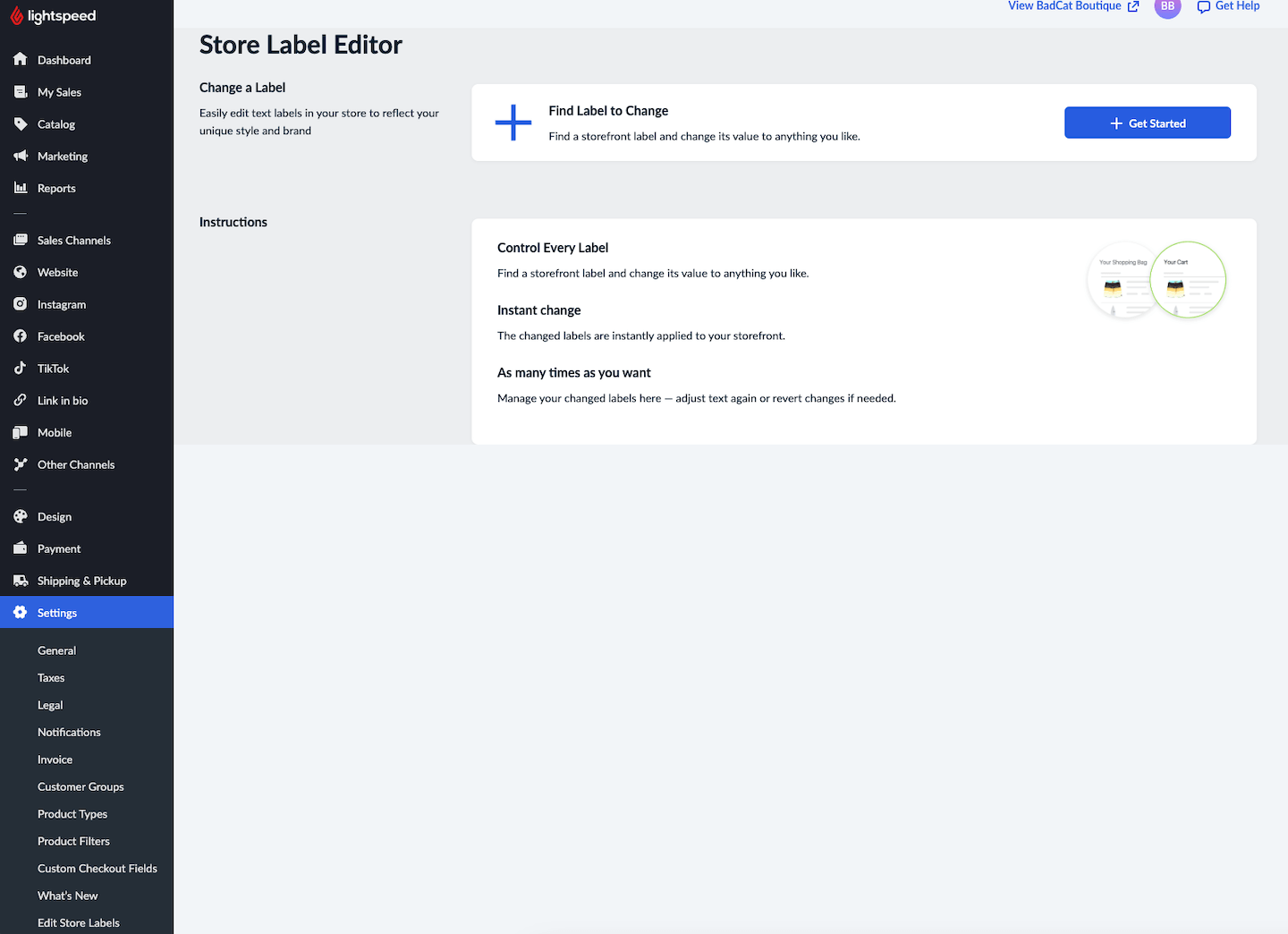 Store Label Editor page.