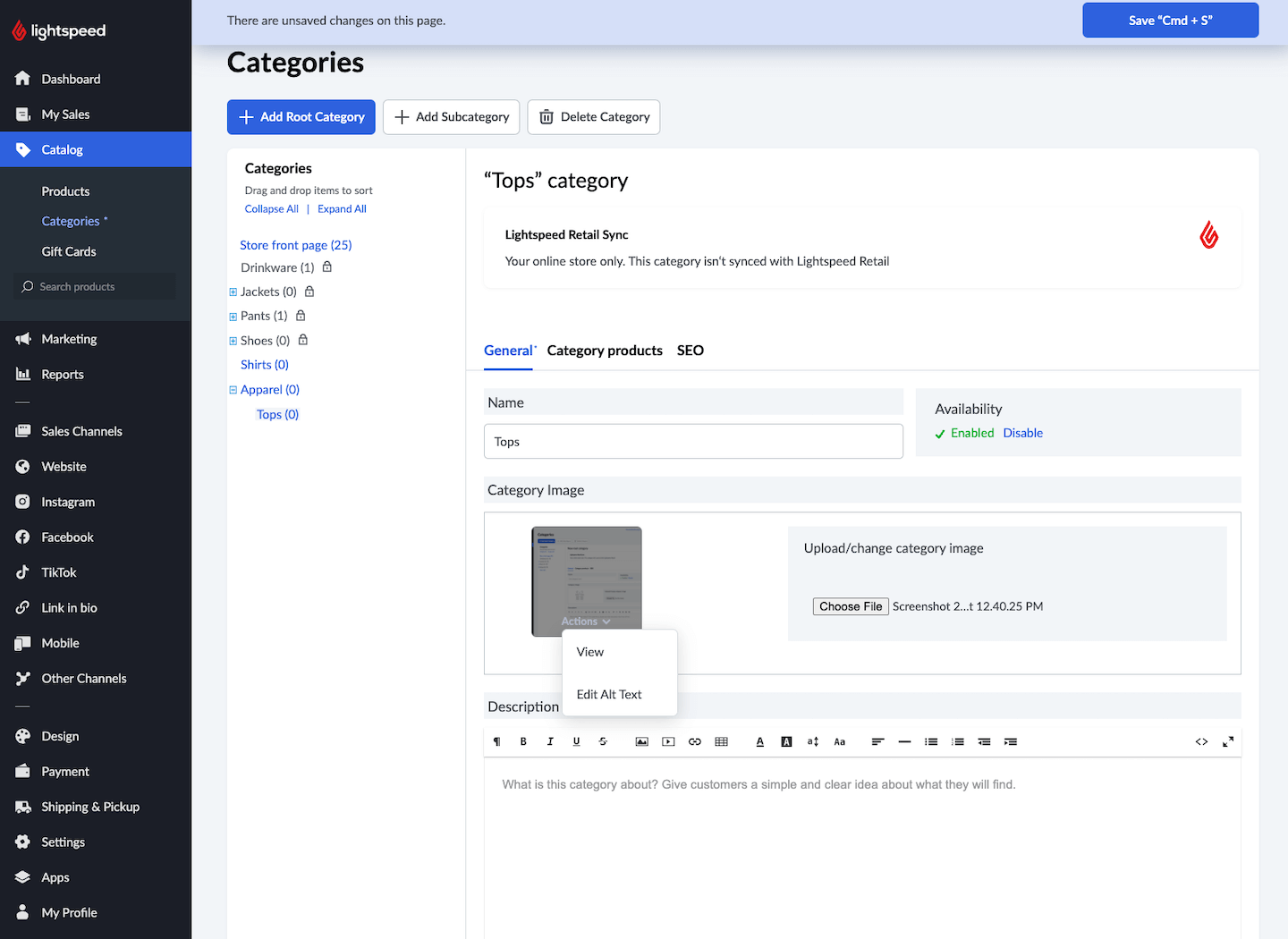 Category page with options to View or Edit Alt Text on image visible.