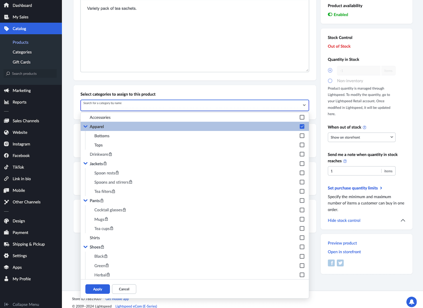 List of all categories with one category selected and option to Apply.