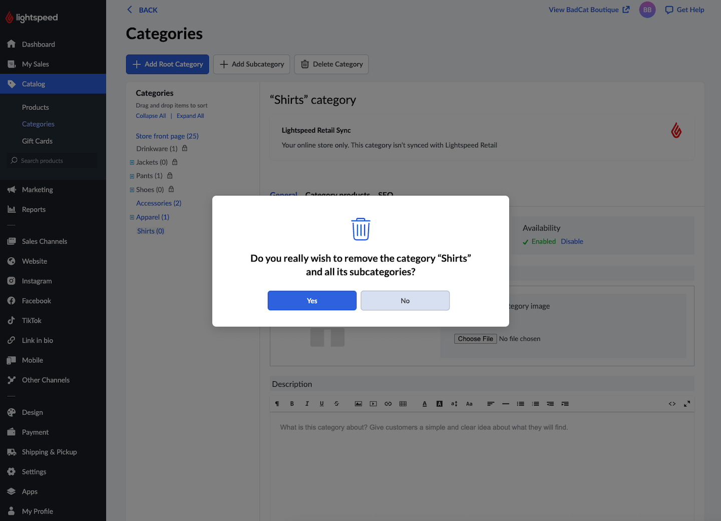 Pop-up window confirming category deletion.