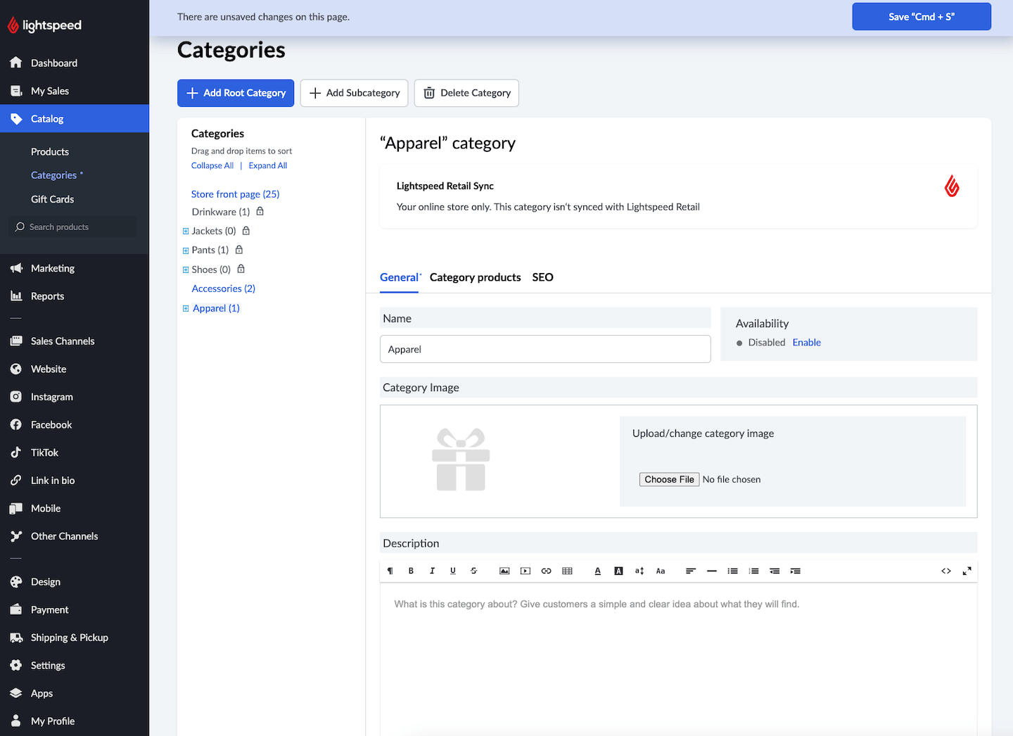 Category page showing Availability as Disabled, with option to Save.