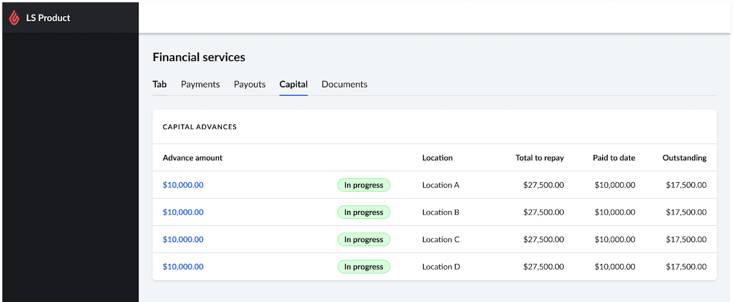 Capital page showing list of advances and statuses.