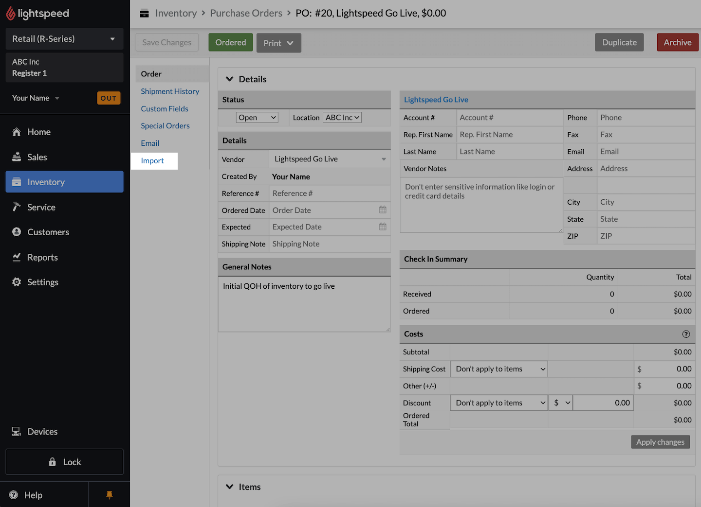 Purchase order page with Import tab emphasized.