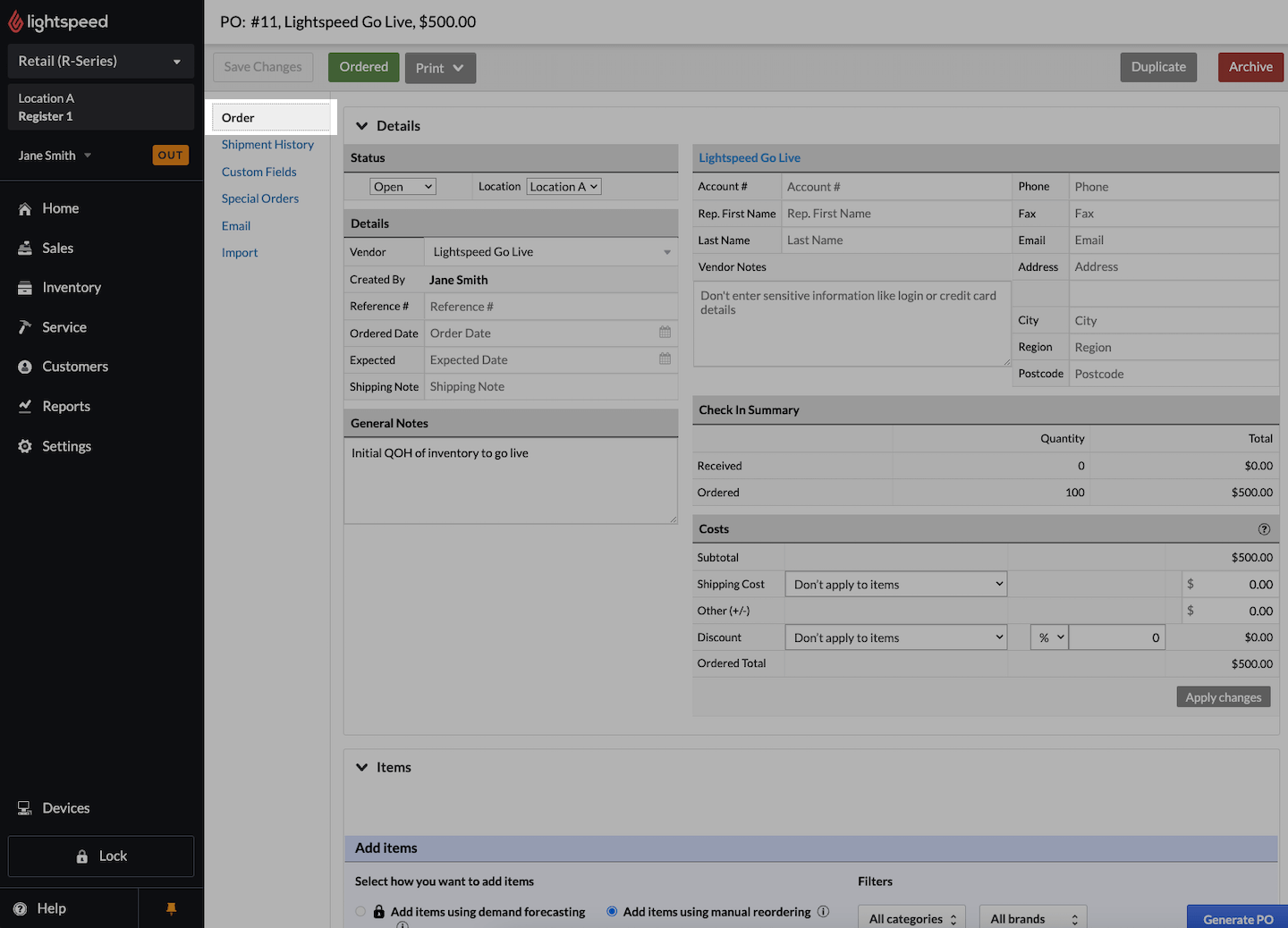 Purchase order page with Order tab emphasized.