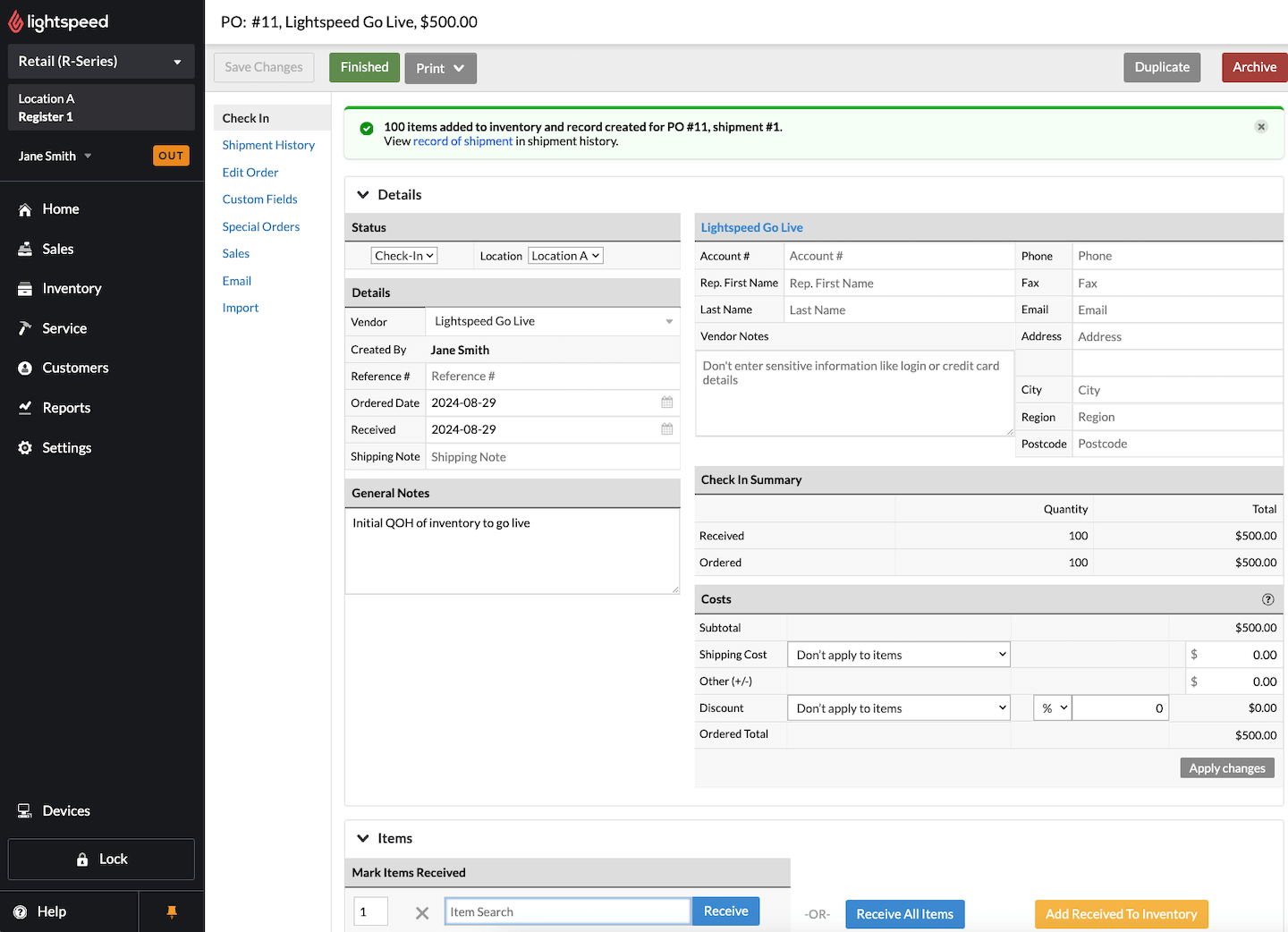 Purchase order page with modal showing successful addition of items and Finished button.