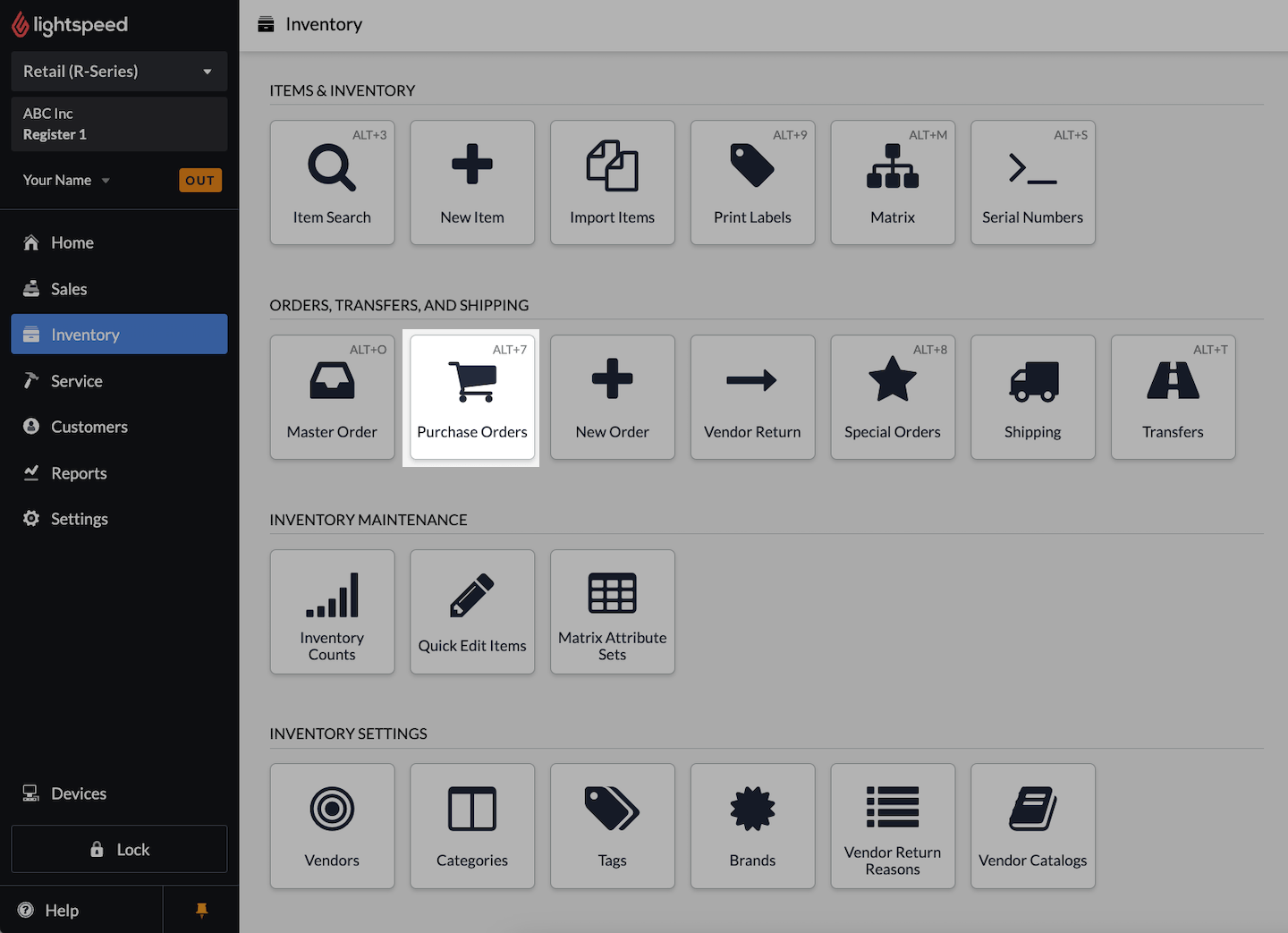 Inventory page
      with Purchase Orders emphasized.