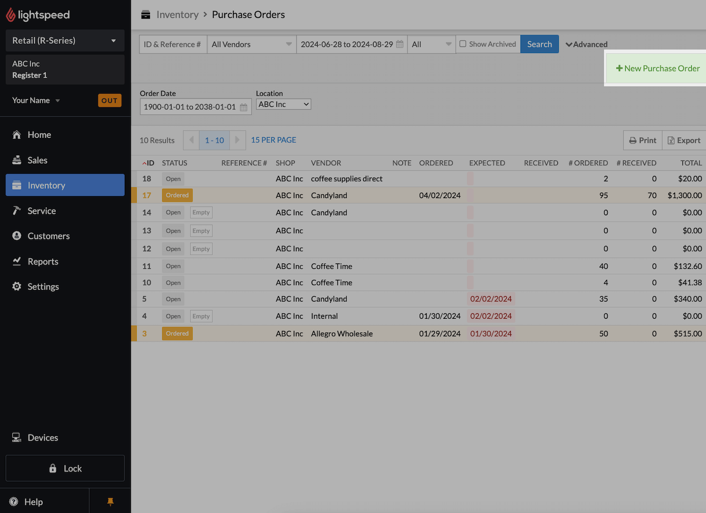 Purchase Orders page with + New Purchase Order emphasized.