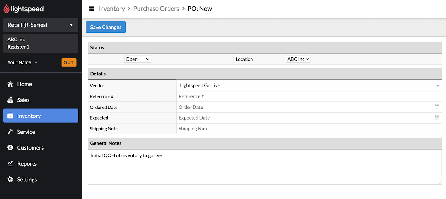 New purchase order details page, with fields to input details about the order.