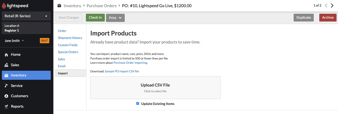 Import page with option to Upload CSV file.