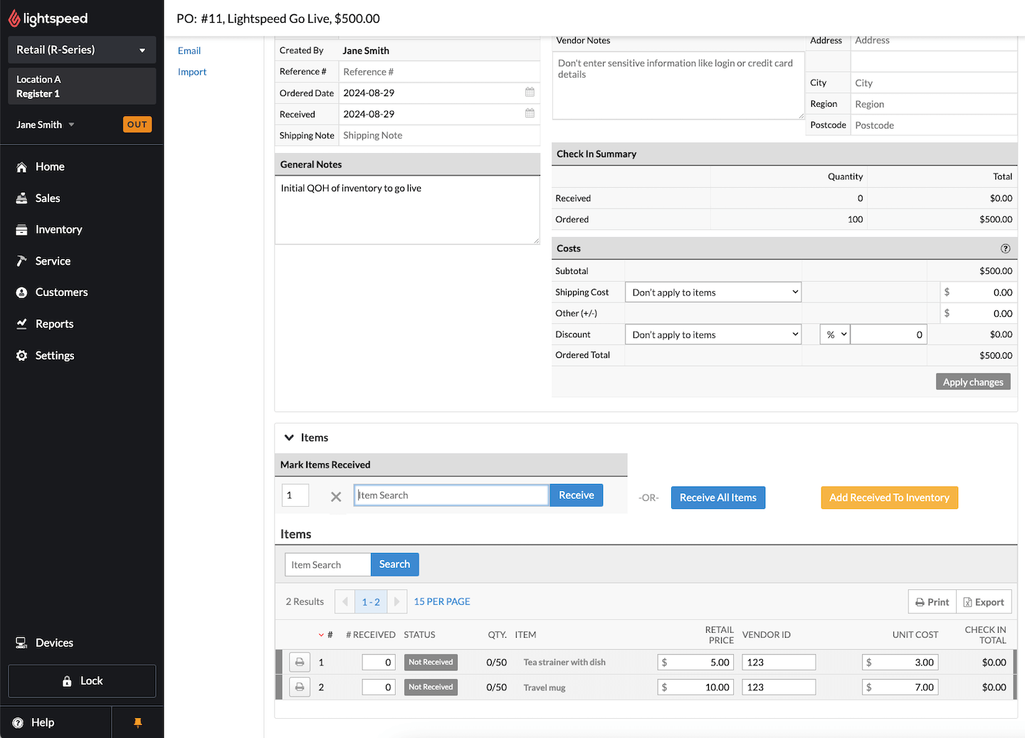 Purchase order page showing options to Receive All Items and Add Received to Inventory.