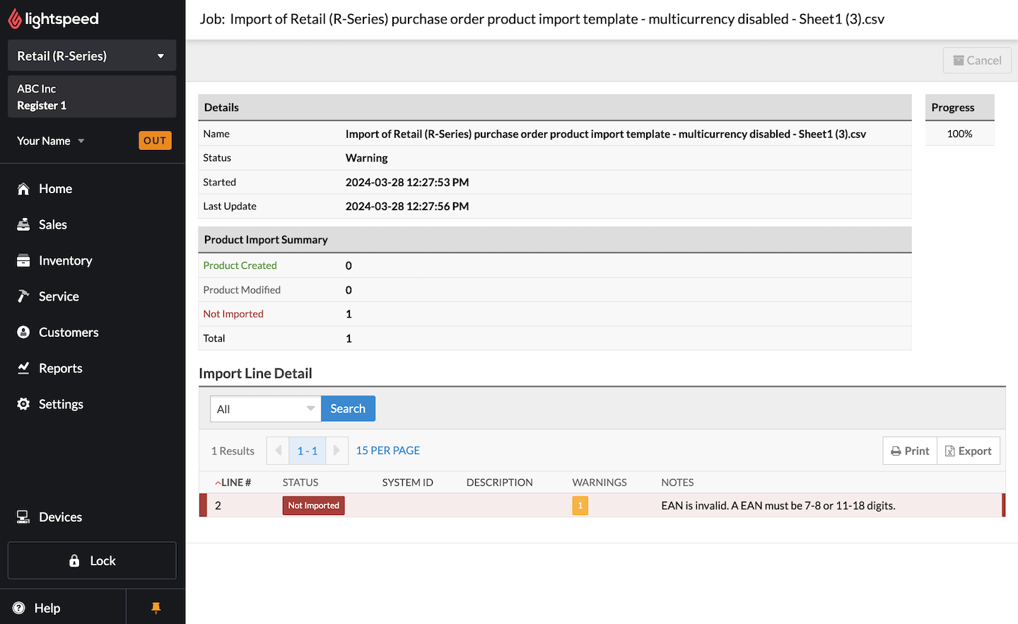 Job status screen, showing unsuccessful import.