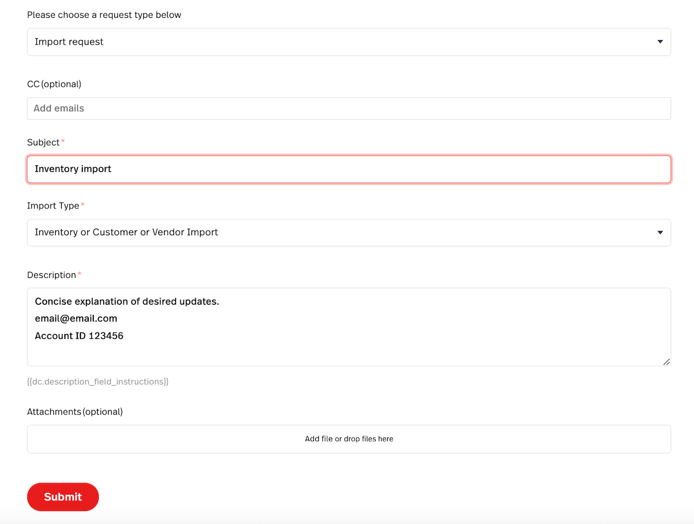 Imports request form page with fields for Subject, Import Type, and Description, as well as area to add Attachments.