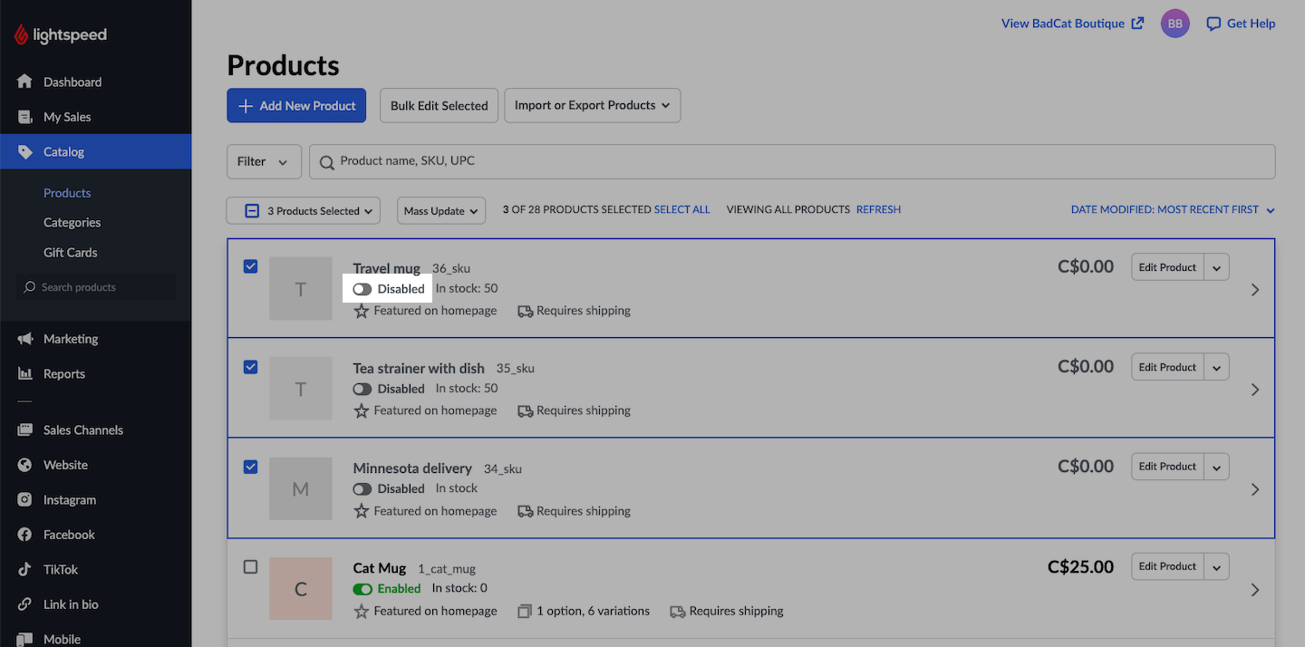 List of products with Disabled toggle emphasized.