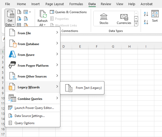 Excel ribbon with Data tab selected. Get Data is clicked, showing drop-down menu including Legacy Wizards option and From Text (Legacy) selection.