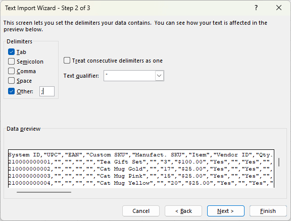 Text Import Wizard window with list of Delimeters, where Tab and Other are selected and a semicolon has been typed next to Other.