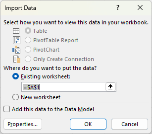 Import Data window with option to put the data in Existing worksheet (selected) or New worksheet.