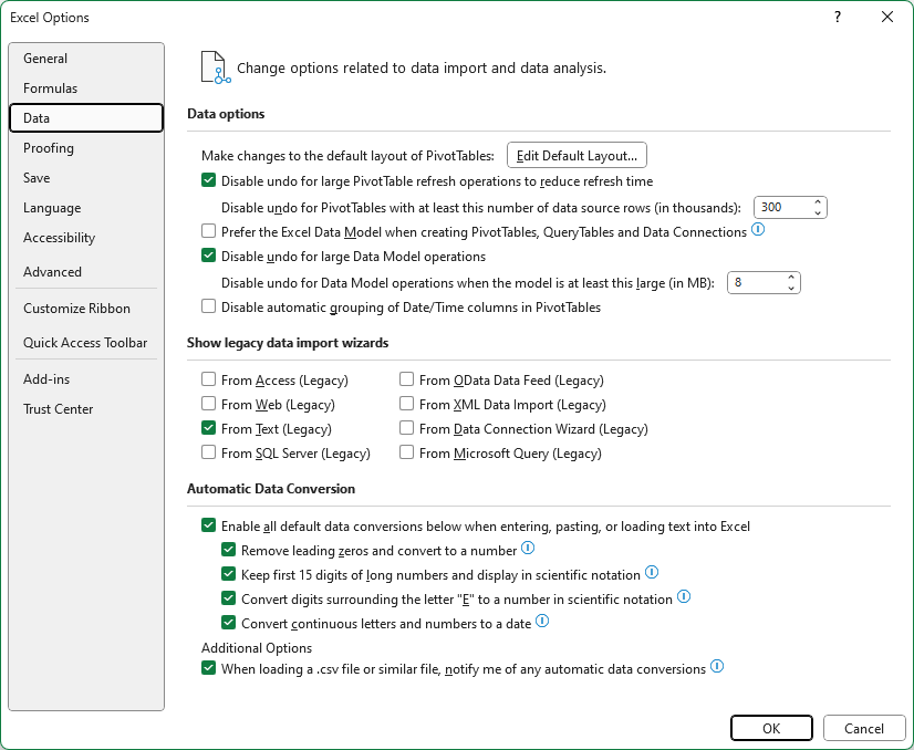 Options window with Data tab shown. Under Show legacy data import wizards, From Text (Legacy) is checked.