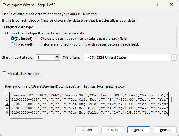 Text Import Wizard window with Delimited option selected.