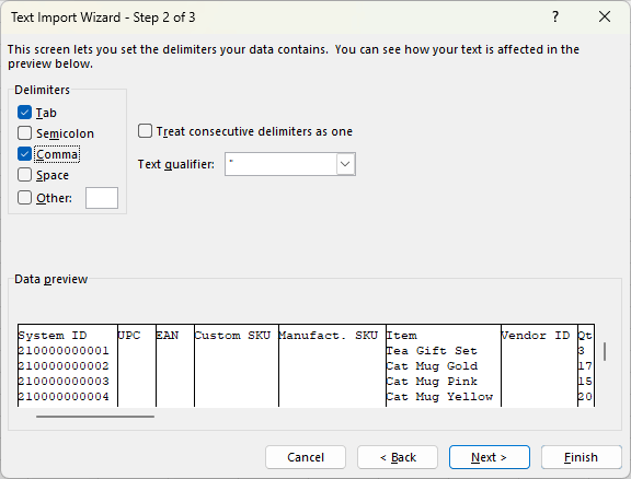 Text Import Wizard window with list of Delimeters, where Tab and Comma are selected.