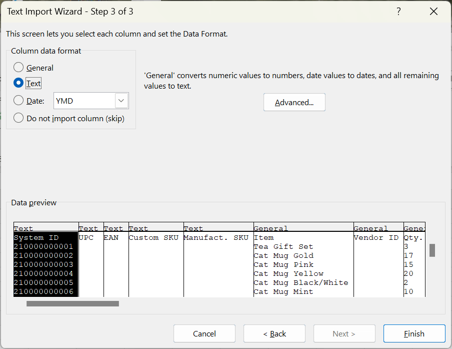 Text Import Wizard window showing columns available for selection with Text chosen as the Column data format.