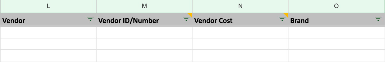 Importing inventory spreadsheet showing Vendor, Vendor ID/Number, Vendor Cost, and Brand columns.