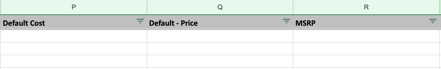 Importing inventory spreadsheet showing Default Cost, Default - Price, and MSRP columns.