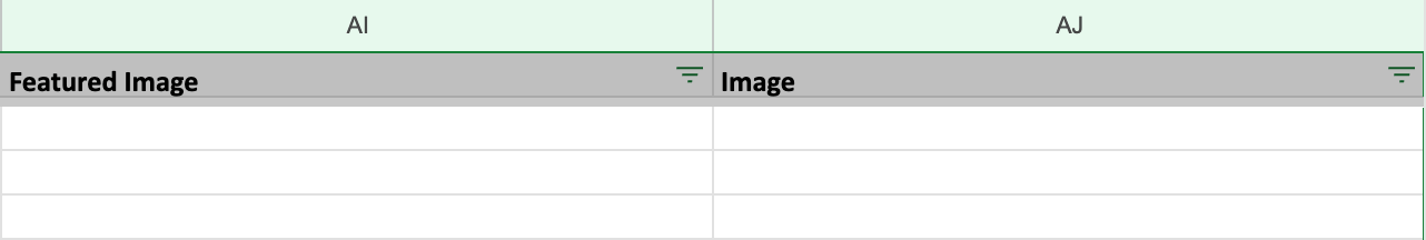 Importing inventory spreadsheet showing Featured Image and Image columns.