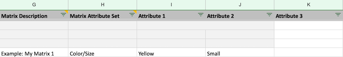 Importing inventory spreadsheet showing Matrix Description, Matrix Attribute Set, Attribute 1, Attribute 2, and Attribute 3 columns.