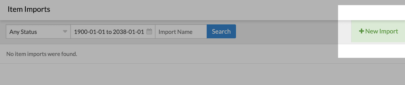 Item Imports page with + New Import button emphasized.