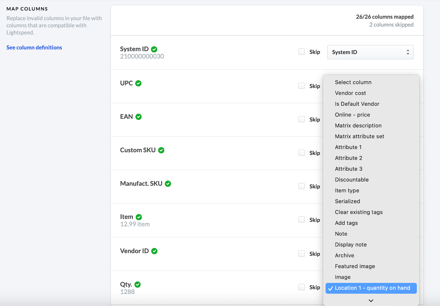 Map Columns section showing dropdown list options.