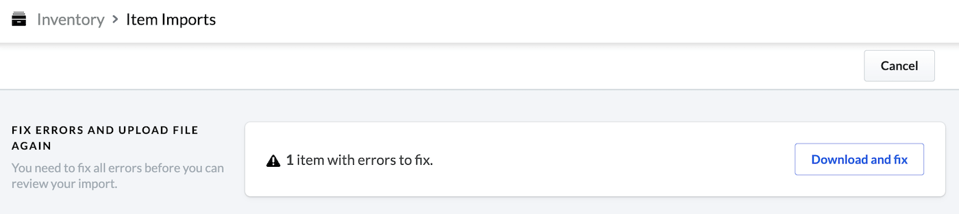 Review item imports page showing that there is 1 item with errors.